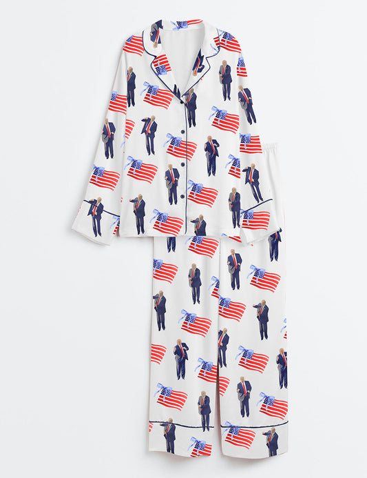 Women's America 2024 Long Sleeve Satin Pajama Set