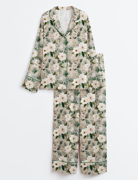 Women’s Neutral Christmas Floral Winter Flowers Long Sleeve Satin Pajama Set