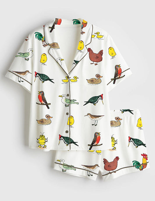 Women’s Colored Animals Rooster Birds Chicken Ducks Woodpecker Short Sleeve Satin Pajama Set