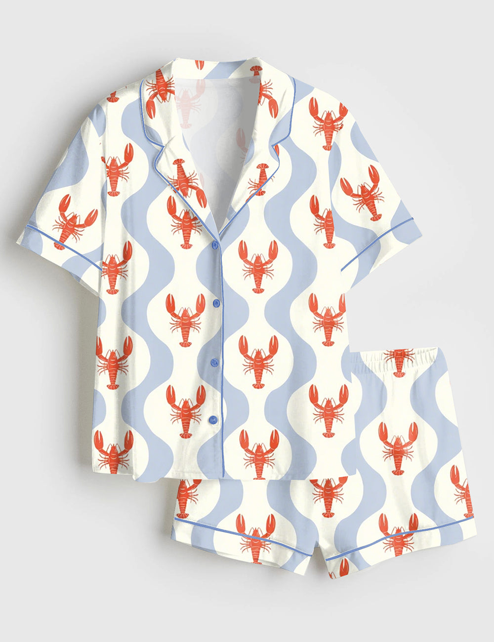 Women’s Whimsical Lobster Nautical Beach Coastal Marine Print Short Sleeve Satin Pajama Set