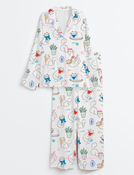 Women’s Cat With A Bow Playing With Balls Of Yarn And Potted Plant Long Sleeve Satin Pajama Set