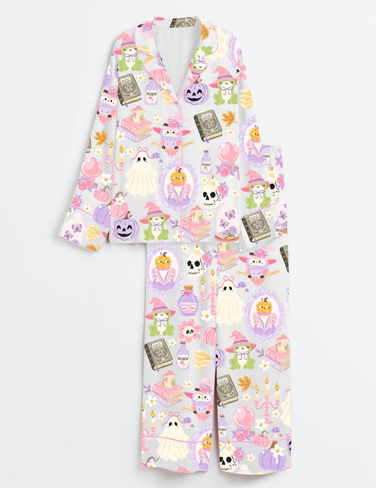 Women’s Witchy Halloween Spooky Halloween Aesthetics Witchy Coquette Pastel Halloween Witch Print Long Sleeve Satin Pajama Set