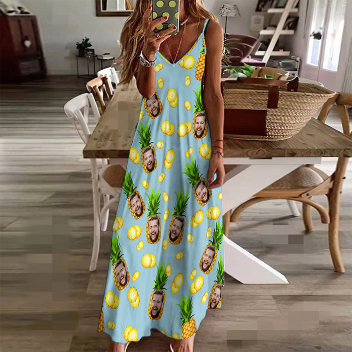 Custom Face Sling Hawaiian Style Long Dress Big Pineapple