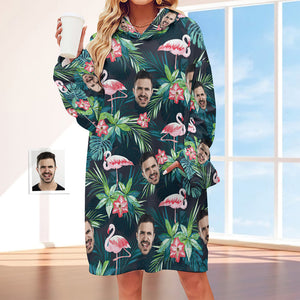 Custom Face Adult Unisex Blanket Hoodie Personalized Blanket Pajama Gift Hawaiian Flamingos For Men