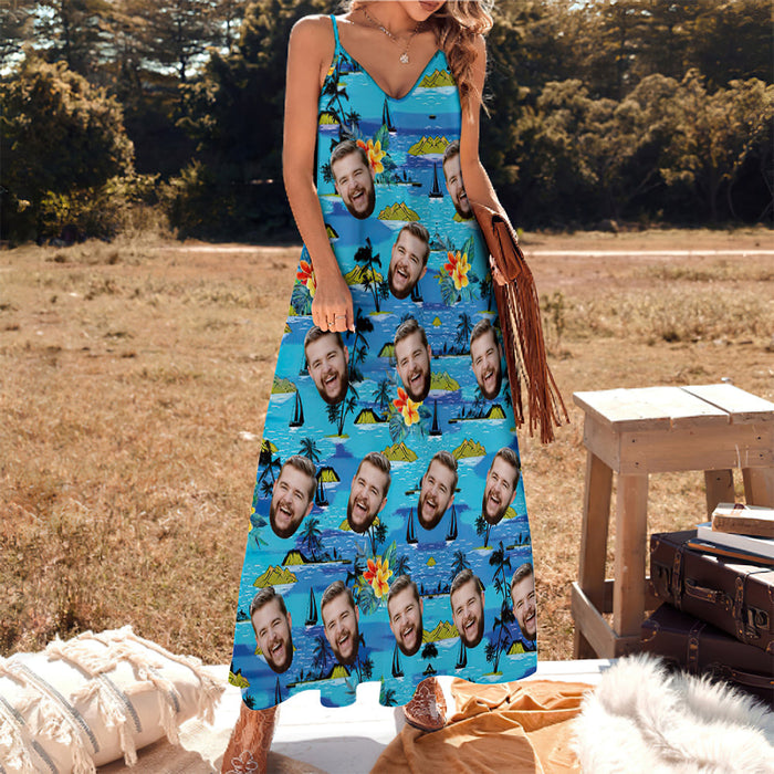 Custom Face Sling Hawaiian Style Long Dress Vice City Large Leaves