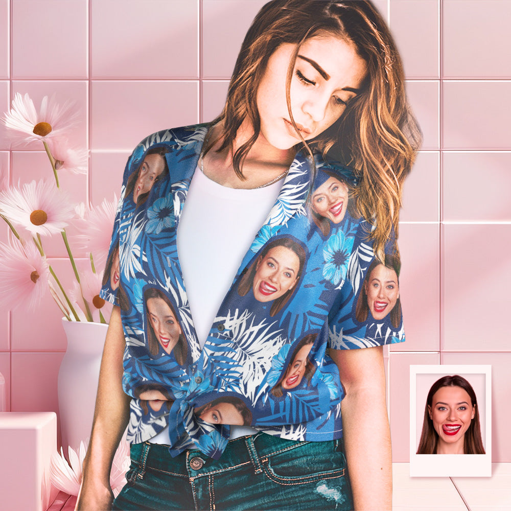 Custom Face Hawaiian Shirt Women's All Over Print Blue Short Sleeve Shirt