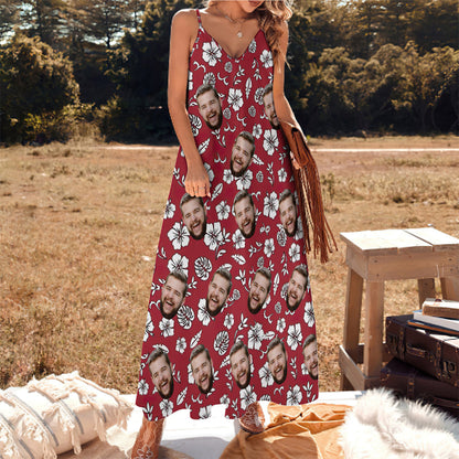 Custom Face Sling Hawaiian Style Red Long Dress White Flowers Design