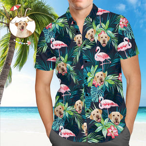 Custom Hawaiian Shirt with Face Custom Dog Face Shirt Leaves & Flamingo Hawaiian Shirts