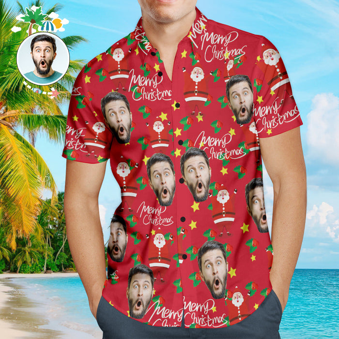 Custom Face Shirt Personalized Photo Men's Hawaiian Shirt Christmas Gift - Happy Santa