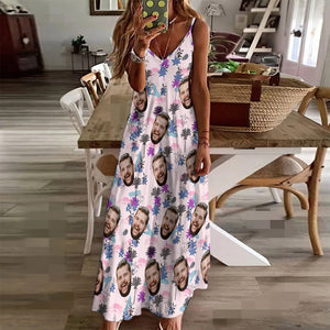 Custom Face Sling Hawaiian Style Long Dress All Over Print Clouds And Trees