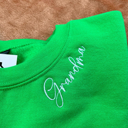 Custom Embroidered School Spirit Mama Grandma or Any Text on Neckline Sweatshirt, Names on Sleeve, Gift for Mom Mother Nana Sweater