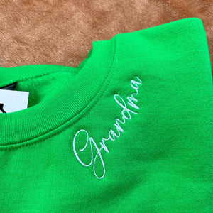 Custom Embroidered School Spirit Mama Grandma or Any Text on Neckline Sweatshirt, Names on Sleeve, Gift for Mom Mother Nana Sweater