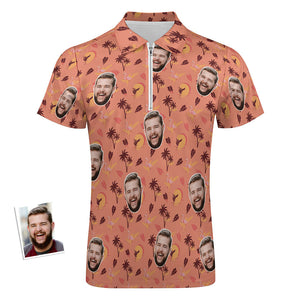 Custom Flamingo Tropical Sunset Men's Polo Shirt Personalized Face Funny Polo Shirt with Zipper