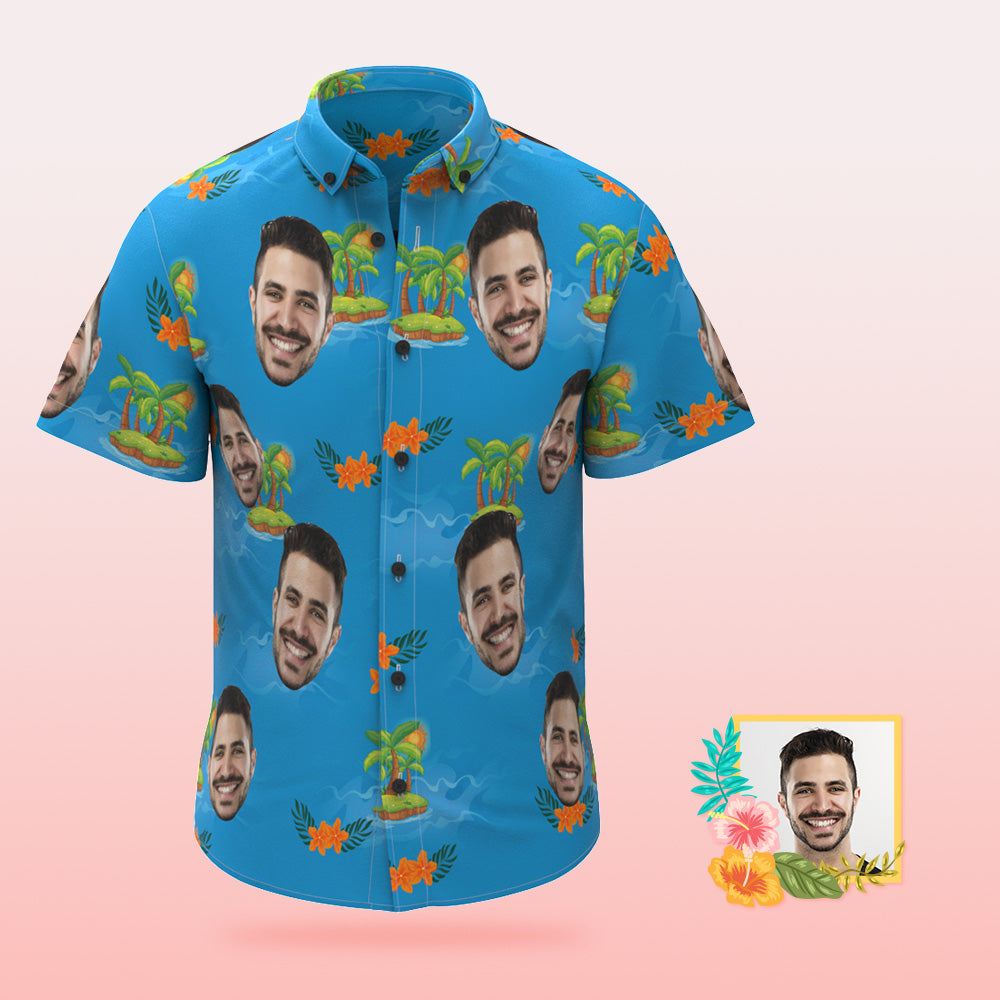 Custom Photo Hawaiian Shirt Beach Vacation Couple Wears Popular All Over Print Hawaiian Beach Shirt Holiday Gift Blue