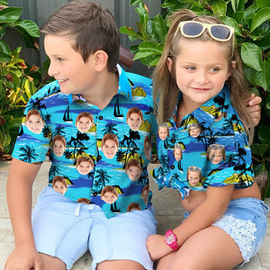 Custom Face Hawaiian Shirt Kid's All Over Print Blue Short Sleeve Shirt