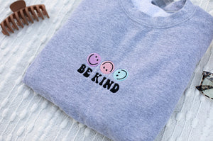 Be Kind Embroidered Crewneck - Trendy Crewneck, Embroidery Sweatshirt, Smiley Face Sweatshirt, Embroidered Crewneck Sweatshirt