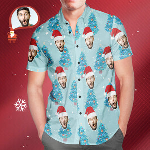 Custom Face All Over Print Blue Hawaiian Shirt Christmas Tree Style Gift for Him