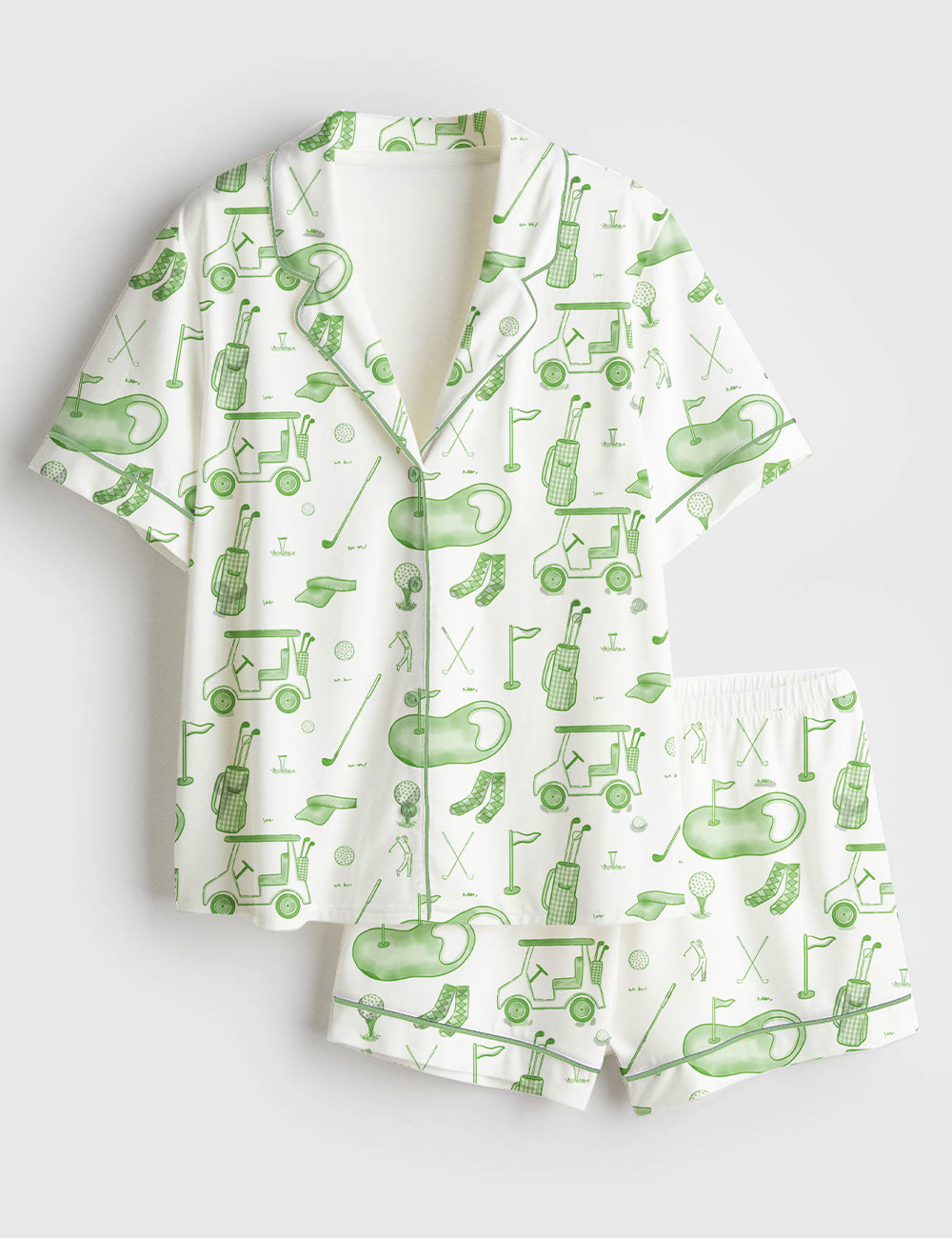 Women’s Watercolor Green Golf Toile Print Short Sleeve Satin Pajama Set