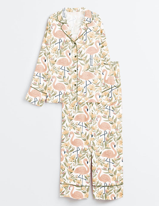 Women's Flamingos Floral Pattern Long Sleeve Satin Pajama Set