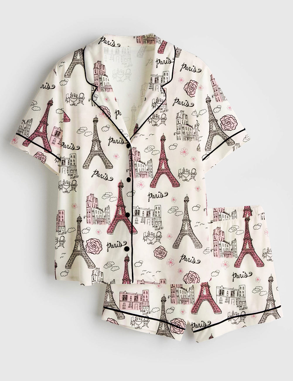 Women’s Girls Trip Paris Vacation Travel Short Sleeve Satin Pajama Set