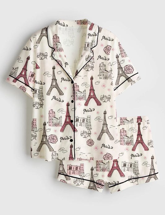 Women’s Girls Trip Paris Vacation Travel Short Sleeve Satin Pajama Set