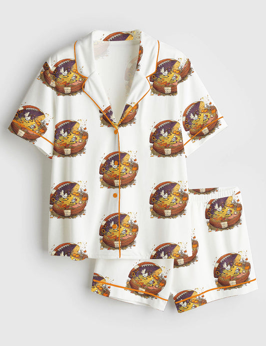 Women’s Halloween Fall Football Pumpkin Game Day Touchdown Season Short Sleeve Satin Pajama Set