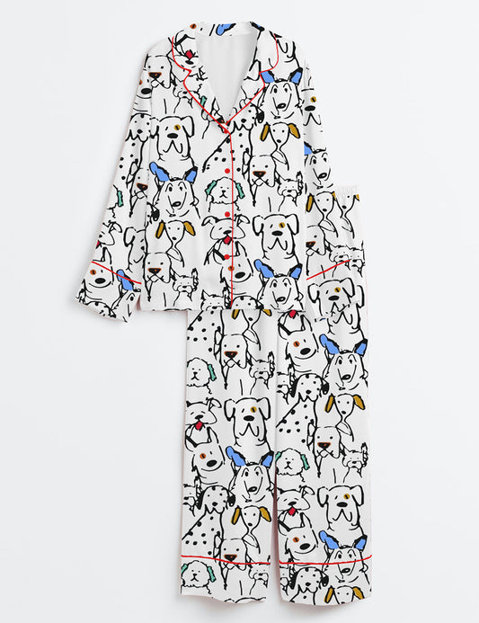 Women’s Color Pop Doodle Dogs Cute Dogs Print Long Sleeve Satin Pajama Set