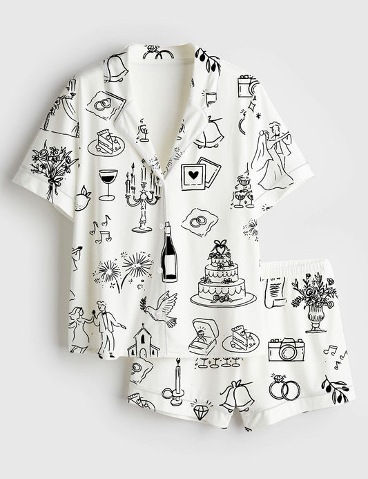 Women’s Hand Drawn Wedding Timeline Wedding Icons Champagne Print Short Sleeve Satin Pajama Set