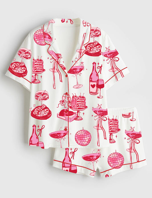 Women’s Homebody Cocktail Girl Social Club Retro Disco Ball Margarita Print Short Sleeve Satin Pajama Set