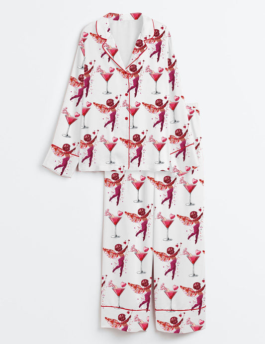 Women's Cupid Valentine Day Cocktail Club Social Club Girls Club Long Sleeve Satin Pajama Set