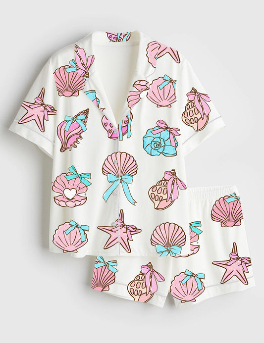 Women’s Retro Coquette Seashell Coastal Summer Sea Shell With Bow Preppy Fisherman Aesthetic Print Short Sleeve Satin Pajama Set