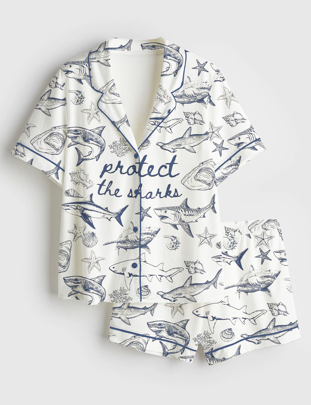 Women’s Protect The Sharks Ocean Conservation White Shark Eras Tour Shark Lover Print Short Sleeve Satin Pajama Set