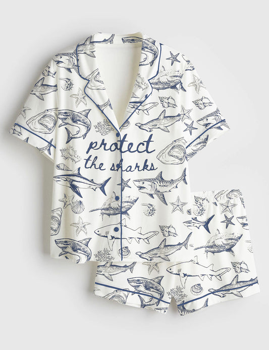 Women’s Protect The Sharks Ocean Conservation White Shark Eras Tour Shark Lover Print Short Sleeve Satin Pajama Set