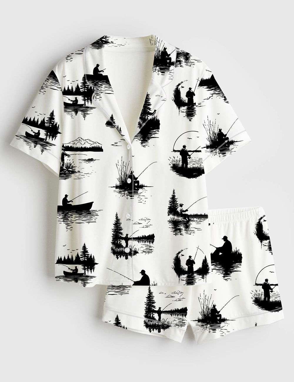 Women’s Man Fishing Lake Fisherman Silhouette Outdoor Fishing Relaxing Nature Short Sleeve Satin Pajama Set