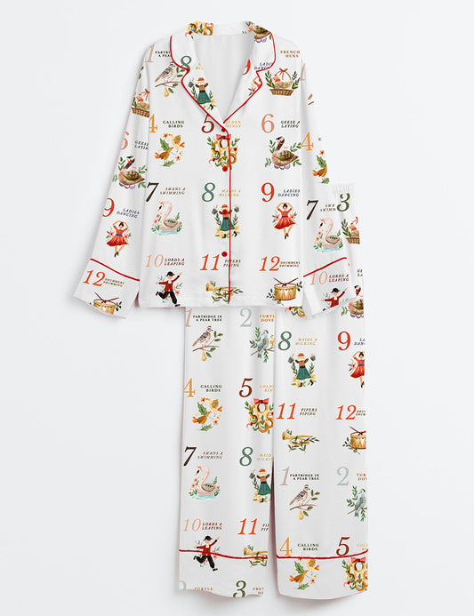 Women’s Full 12 Days Of Christmas Long Sleeve Satin Pajama Set