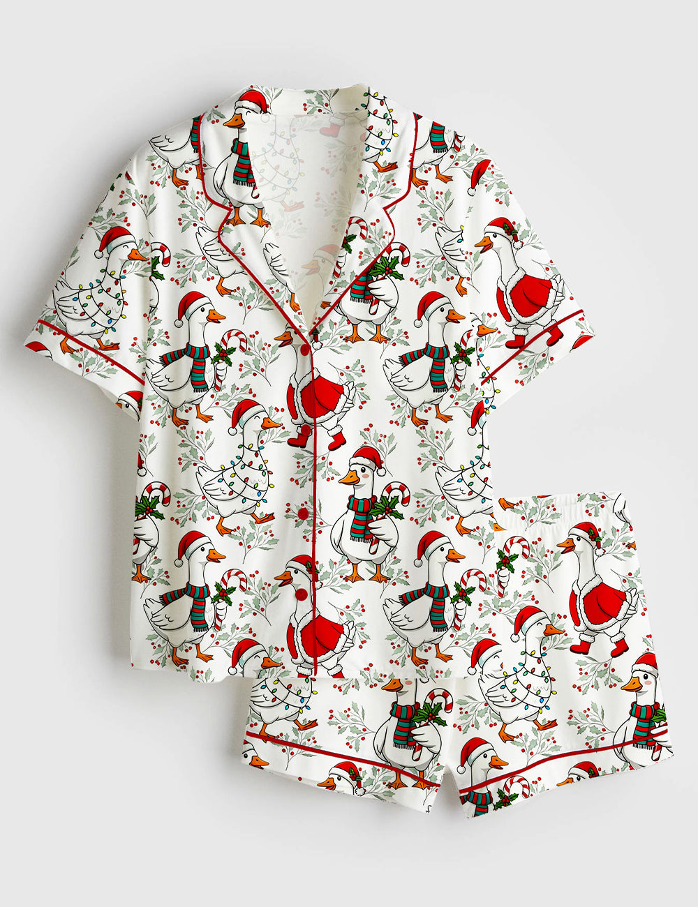 Women’s Funny Christmas Goose Holiday Duck Cute Santa Short Sleeve Satin Pajama Set