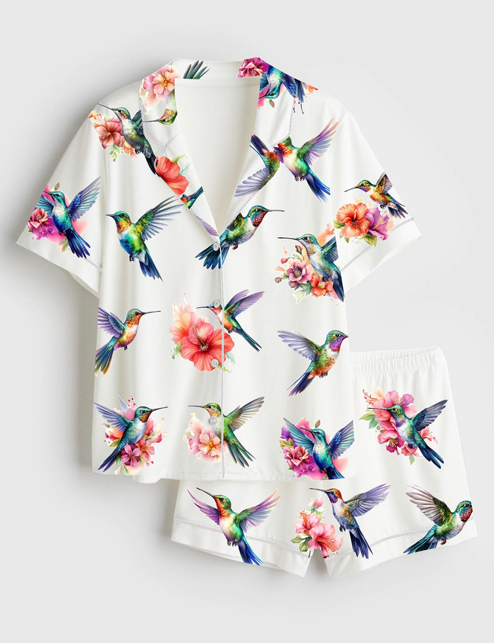 Women’s Watercolor Hummingbirds Short Sleeve Satin Pajama Set
