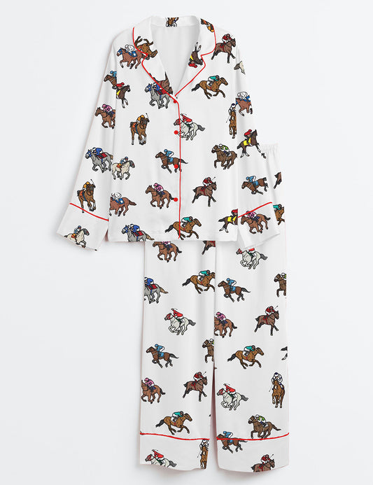 Women’s Derby Horse Racing Kentucky Derby 2025 Equestrian Jockey Print Long Sleeve Satin Pajama Set