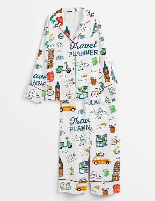 Women's Travel Planner Long Sleeve Satin Pajama Set