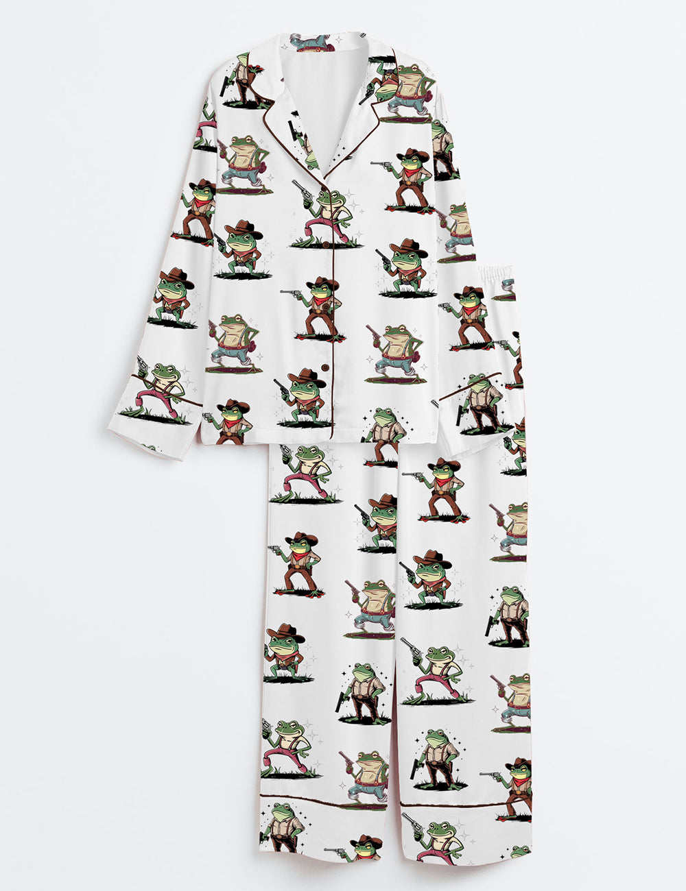 Women's Cowboy Frog Funny Gun Long Sleeve Satin Pajama Set