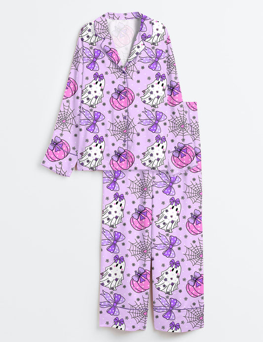 Women’s Coquette Halloween Cute Ghosts Pumpkins Spiderweb And Bows Long Sleeve Satin Pajama Set