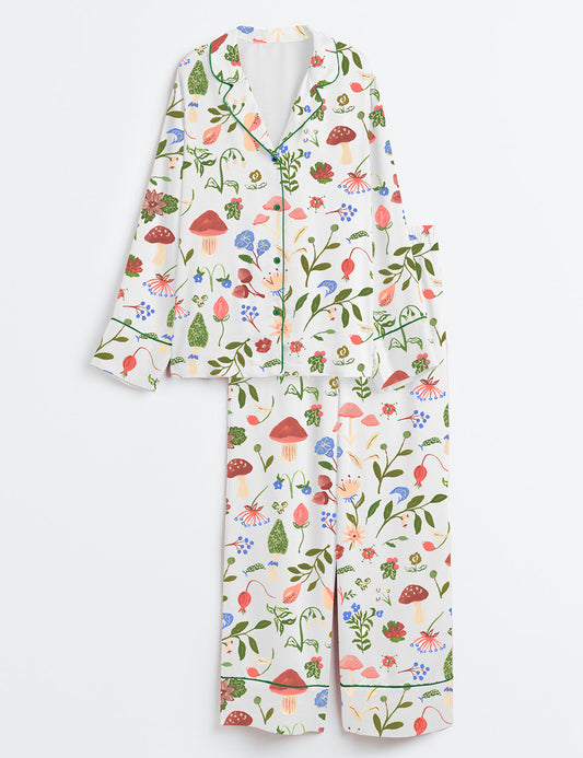 Women’s Mushroom Floral Garden Party Long Sleeve Satin Pajama Set