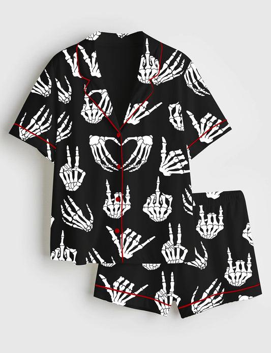 Women’s Halloween Skeleton Hand Short Sleeve Satin Pajama Set