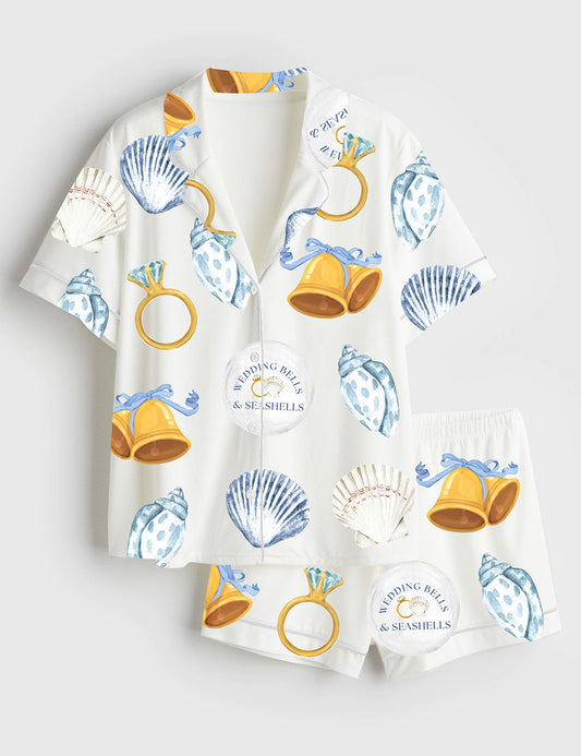 Women’s Wedding Bells & Seashells Coastal Blue Bachelorette Nautical Beach Wedding Print Short Sleeve Satin Pajama Set