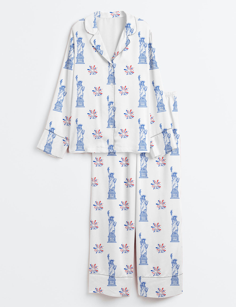 Women’s Statue Of Liberty Patriotic Freedom 4th Of July Pledge Of Allegiance Liberty And Justice For All Print Long Sleeve Satin Pajama Set
