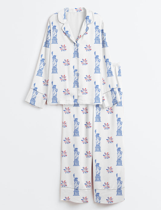 Women’s Statue Of Liberty Patriotic Freedom 4th Of July Pledge Of Allegiance Liberty And Justice For All Print Long Sleeve Satin Pajama Set