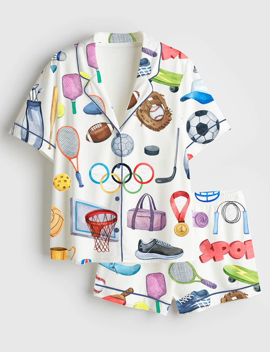 Women's Watercolor Sports Basketball Football Golf Short Sleeve Satin Pajama Set