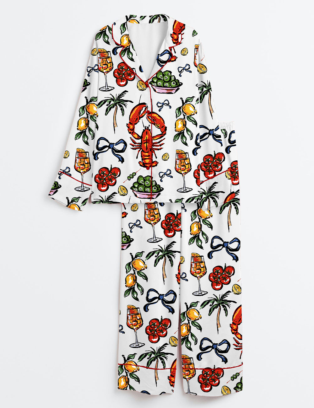 Women's French Lobster Summer Coastal Food Lover Long Sleeve Satin Pajama Set