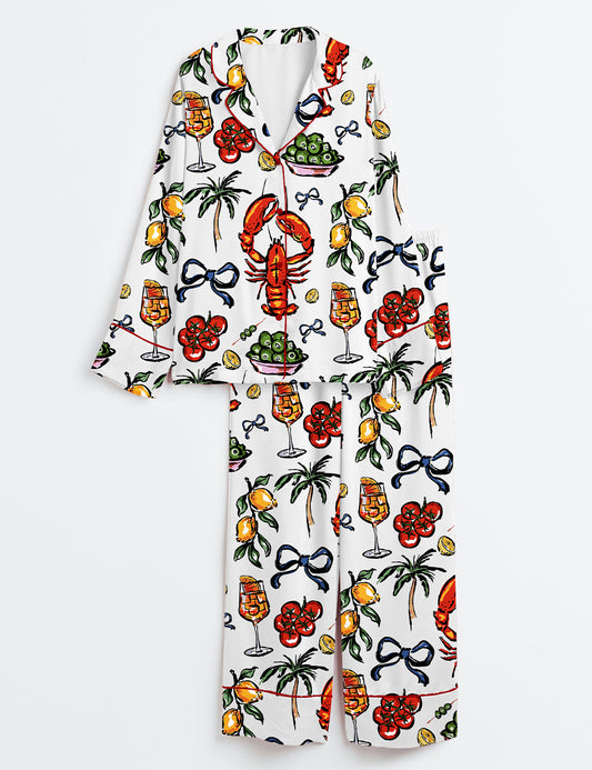 Women's French Lobster Summer Coastal Food Lover Long Sleeve Satin Pajama Set