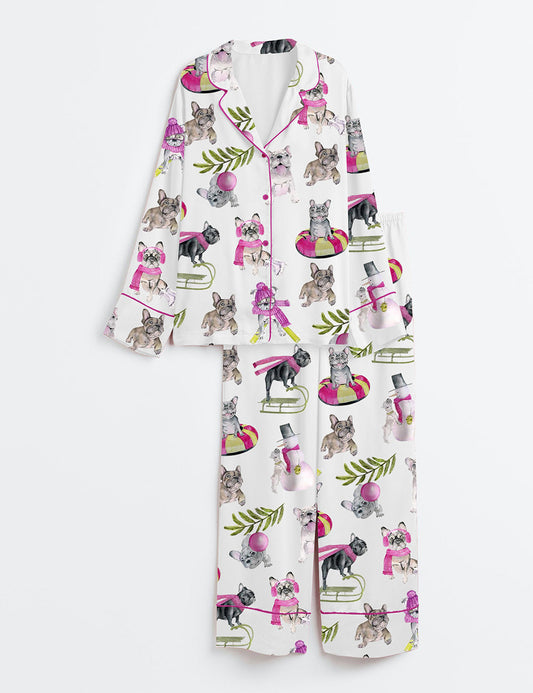 Women's Christmas Skiing French Bulldog Satin Pajama Set